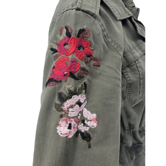 Olive Green Canvas Military Utility Jacket w/ Floral Embroidery, Size S - Picture 2 of 7